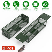 2Pack 15.35x4.72x3.94in 2-Door Humane Live Rat Trap Galvanized Iron Rodent Trap Cage Reusable for Home Garden Farm Warehouse