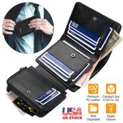 MenÕs Leather Wallet ID Card Holder Purse Trifold Clutch Money Zipper with ID Window14 Credit Card 1 ID Card