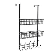 Over The Door Hooks Organizer Door Towel Rack Hanger 5 Hooks with 2 Metal Baskets for Bathroom Bedroom Kitchen Storage Shelf