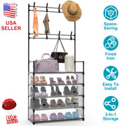5-Tier Dustproof Entryway Hall Tree Coat Rack Shoe Rack With 8 Removable Hooks Freestanding Shoe Storage Shelf Hat Clothes Organizer For Front Door Be