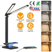 Double Head Desk Lamp with Wireless Charging USB Charging Port 5 Color 5 Brightness Eye-Caring Flexible Reading Lamp Foldable Time Setting Table Worki