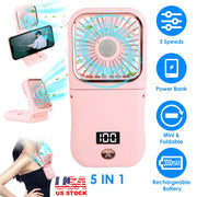 5 In 1 Folding Mini Fan Hands-free Rechargeable Neck Fan Handheld Fan with 3 Speeds Power Bank Phone Holder Neck Strap for Home Office Travel Dormitor