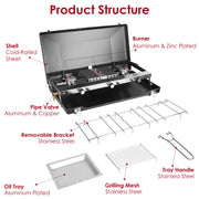 3 Burner Camping Stove 20000 BTU Portable Foldable Propane Stove With Toast Tray Windshield Portable Handle Outdoor Cooking Gas Stove For RV Camping B