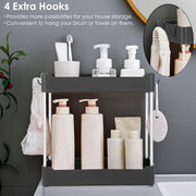 2-Tier Under Sink Shelf Organizer Space Saving Under Bathroom Sink Storage Rack w/ 4 Hooks