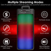 Portable Wireless Party Speaker Dual 8in Colorful Lights DJ PA System with TWS Function FM Radio USB MMC Card Reading Aux In Recording Function Wirele