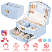 2-Layer Jewelry Box for Women's Girls Lockable Leather Jewelry Organizer Jewelry Travel Case for Rings Earrings Necklaces Bracelets