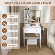 Vanity Desk Set with Lighted Mirror, 4 Drawers & Stool
