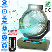 20000mAh Rechargeable Oscillating Camping Fan with Flashlight Hanging Hook Remote Control Portable Fan for Tent Emergency Power Bank Desk Fan with Tim