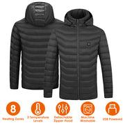 Heated Jacket Electric Heating Coat Lightweight Winter Hooded Jacket with 3-Level Heating Modes 8 Heating Zones Detachable Zipper Hood