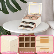 Jewelry Box with LED Mirror 3-Layer Jewelry Organizer with 2 Drawers PU Jewelry Holder with 3 Mirror Light Colors Dimmable for Earrings Rings Bracelet