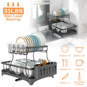 Dish Drying Rack with Drainboard Detachable 2-Tier Dish Rack Drainer Organizer Set with Utensil Holder Cup Rack Swivel Spout for Kitchen Counter