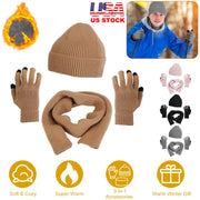 Winter Knitted Hat Scarf Gloves 3Pcs Winter Warm Beanie and Touch Screen Gloves Long Neck Scarf Set Knit Beanie Skull Cap Neck Warmer Anti-Slip Mitten