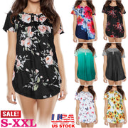 Women Summer Shirts Tops Loose Short Sleeve T Shirts Casual Floral Printed Button Shirts Blouse S-XXL