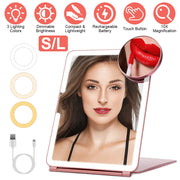 Folding Travel Makeup Mirror With 10X Magnifying Mirror 3 Color LED Lights Dimmable Brightness Rechargeable Battery Tabletop Portable Cosmetic Mirror