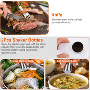 Stainless Steel BBQ Grill Tool Kit Grilling Utensil Accessories w/ Spatula Tongs Fork KnifeBrush Pepper Salt Shaker Bottle Grilled Skewers Corn Need