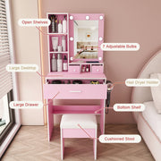 Vanity Desk Set with LED Lighted Mirror, Padded Stool, Power Outlet & Hair Dryer Holder, Compact Makeup Vanity for Small