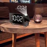 Projection Alarm Clock with Radio Function 7.7In Curved-Screen LED Digital Alarm Clock w/ Dual Alarms 4 Dimmer 12/24 Hour USB Charging Port 180¡ Rotat