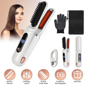 2 In 1 Ceramic Hair Straightener Flat Iron Cordless Hair Straightener Brush Hair Portable Styling Iron with Carry Bag Anti-scald Gloves 2 Hairpins