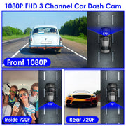 WiFi FHD 1080P Car Dash Cam 3 Channels Front Rear Inside Dash Camera with Loop Recording Reversing Visual Night Vision WDR 170° Wide Angle Support 128