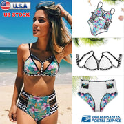 Bikini Swimsuit For Women Floral Padded Push Up Bikini Sets Two Pieces High-Waist Swimwear w/ Adjustable Shoulder Straps For Beach Swimming Pool