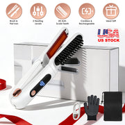 2 In 1 Ceramic Hair Straightener Flat Iron Cordless Hair Straightener Brush Hair Portable Styling Iron with Carry Bag Anti-scald Gloves 2 Hairpins
