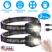 2Packs Rechargeable Motion Sensor Headlamp 6 Light Modes COB XPG Headlight Torch Flashlight for Fishing Running Camping Hiking