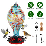 Glass Hummingbird Feeder 33OZ Hand Blown Hummingbird Feeder with 5 Flower Feeding Port Perch Ant Moat Hanging Hook S Hook Hemp Rope Cleaning Brush for