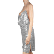 Sexy Women Chain Choker Side Slit Backless Slip Dress With Sequins
