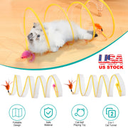 2Pcs Foldable Cat Tunnel with Bell Feather Mouse Toys Collapsible Indoor Cat Spring Tube with Interactive Toy for Kittens Cats