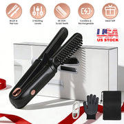 2 In 1 Ceramic Hair Straightener Flat Iron Cordless Hair Straightener Brush Hair Portable Styling Iron with Carry Bag Anti-scald Gloves 2 Hairpins