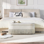 Oval Upholstered Storage Ottoman with Fringe Trim, 39.4"