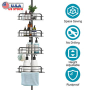 Rust-Resistant Corner Shower Caddy For Bathroom 4 Height Adjustable Shelves With Tension Pole Towel Bar Hanging Hook Floor Standing Bath Storage Rack
