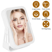 10X Magnifying Lighted Makeup Mirror Double Sided Travel Makeup Mirror with 3 Light Colors Touch Screen USB Rechargeable