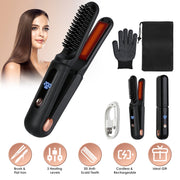 2 In 1 Ceramic Hair Straightener Flat Iron Cordless Hair Straightener Brush Hair Portable Styling Iron with Carry Bag Anti-scald Gloves 2 Hairpins