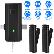 2 Pack 3 in 1 Wireless Clip On Microphone Omnidirectional Mic Noise Reduction Plug and Play 65.6FT Transmission Type-C IOS PC Video Record Interview V