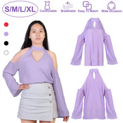 Women\'s Sexy Off The Shoulder Blouses Cold Shoulder Tops V-Neck Long Sleeve T-Shirt Solid Color Summer