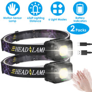 2Packs Rechargeable Motion Sensor Headlamp 6 Light Modes COB XPG Headlight Torch Flashlight for Fishing Running Camping Hiking