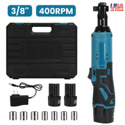 3/8Ó Cordless Electric Ratchet Wrench Set Right Angle Wrench with 2Pcs 1200mAh Batteries and Charger 7 Sockets 400RPM