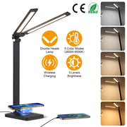 Double Head Desk Lamp with Wireless Charging USB Charging Port 5 Color 5 Brightness Eye-Caring Flexible Reading Lamp Foldable Time Setting Table Worki