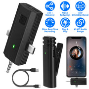 1Pc 3 in 1 Wireless Clip On Microphone Omnidirectional Mic Noise Reduction Plug and Play 65.6FT Transmission Type-C IOS PC Video Record Interview Vlog