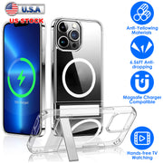 Magnetic Metal Kickstand Clear Case Shockproof Anti Yellowing Phone Cover Compatible with Magsafe Fit for IOS Phone 14 Pro
