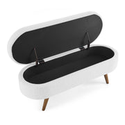 Oval Storage Ottoman Bench, Upholstered Storage Bench with Rubberwood Legs, Multifunctional Entryway Bench for Bedroom L
