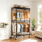 Rolling Clothes Rack with 3 Shelves, 2 Rods & Wheels