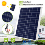 Outdoor Solar Panel 12V 25W Car Battery Charger IP68 Waterproof w/ 3.0A Dual USB Charging Clip Line For RV Car Boat