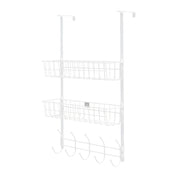 Over The Door Hooks Organizer Door Towel Rack Hanger 5 Hooks with 2 Metal Baskets for Bathroom Bedroom Kitchen Storage Shelf