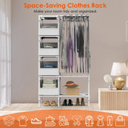 Portable Closet Wardrobe Clothes Storage Cabinet Organizer Garment Hanging Rack Shelves with 4 Storage Bags 1 Shelf 1 Hanging Rod 4 Hooks