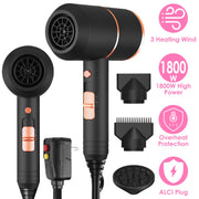 1800W Hair Dryer Portable Compact Hair Blow Dryer with Cool/Warm/Hot Wind with Diffuser Concentrator/Comb Nozzle ALCI Plug Overheat Protection for Wom