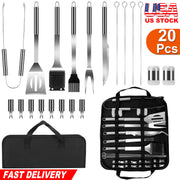 Stainless Steel BBQ Grill Tool Kit Grilling Utensil Accessories w/ Spatula Tongs Fork KnifeBrush Pepper Salt Shaker Bottle Grilled Skewers Corn Need