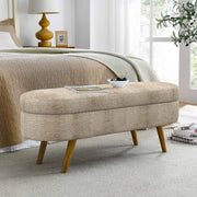 Oval Storage Ottoman Bench, Upholstered Storage Bench with Rubberwood Legs, Multifunctional Entryway Bench for Bedroom L