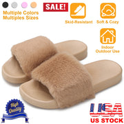 Women Faux Fur Slippers Open Toe Indoor Outdoor Flat Slide Sandals Anti-skid Lady House Shoes